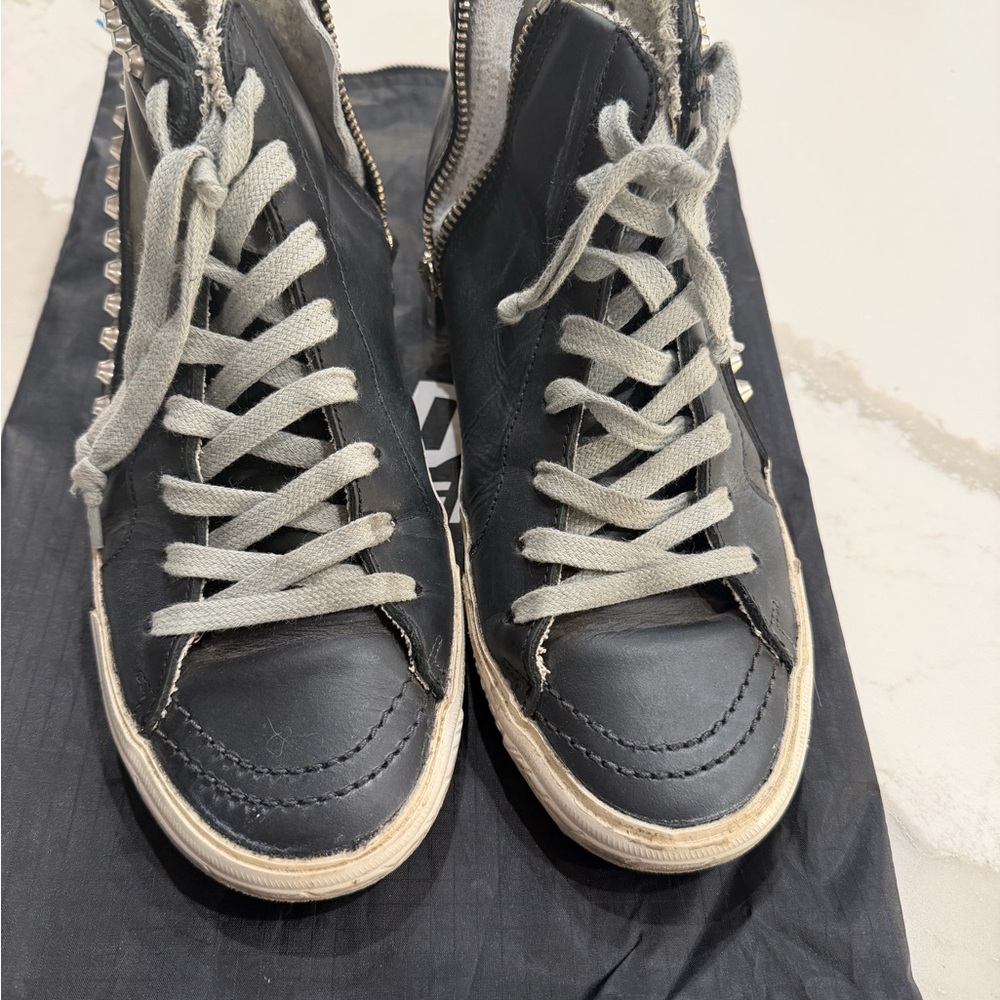 Golden Goose Black Leather Studded High-Top Sneakers with Gray Laces - Picture 4 of 11